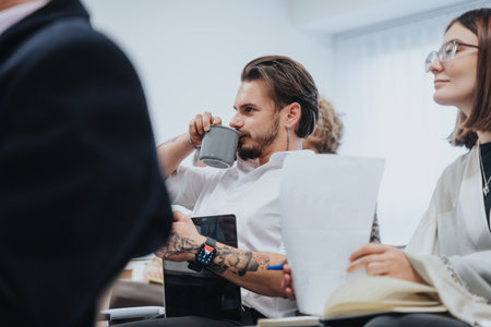 Young professional man drinking coffee during casual business meeting.