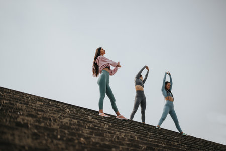 Fitness enthusiasts stretching together on a rooftop, showcasing health and friendship
