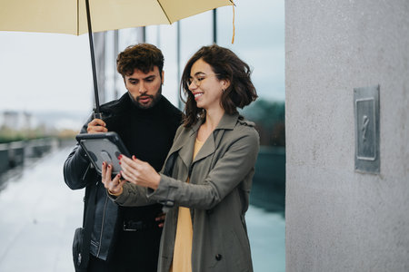 A young couple stands close under an umbrella, sharing a cheerful moment as they view content on a tablet, despite the overcast, rainy weather.の写真素材