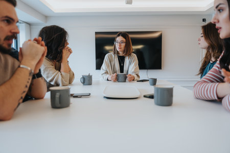 Business professionals gather in a meeting room for a positive morning meeting, sharing ideas over coffee.の写真素材