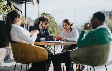 Multiracial business team strategizing at an outdoor coffee barの写真素材