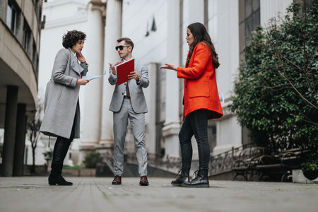 Business associates discussing strategy outdoors with documentsの写真素材