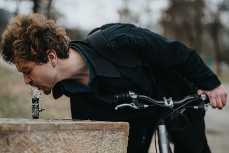 Urban cyclist takes a break in park with bikeの写真素材