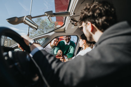 Professional business team in a car during a casual meeting