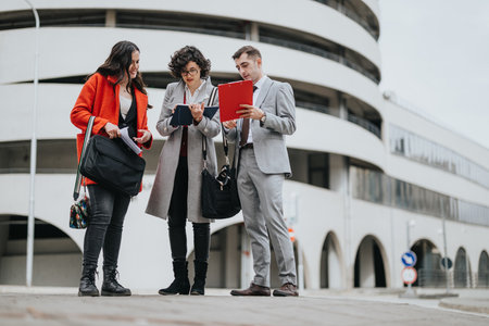 Group of lawyers in a business meeting outdoors near a modern buildingの写真素材