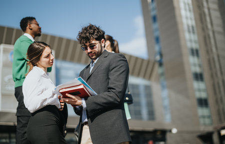 Diverse business professionals discussing strategy outdoors