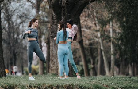 Female athletes engaging in outdoor exercise routine in parkの写真素材
