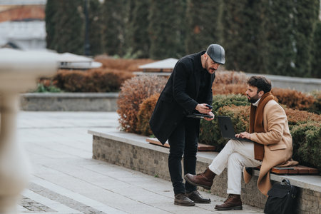Outdoor business meeting between two fashionably dressed men, one showing content on a phone while the other uses a laptop.の写真素材