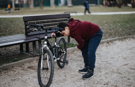 Young boy taking a break from riding his bicycle in the parkの写真素材