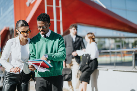 Multicultural business team strategizing on expansion outdoorsの写真素材