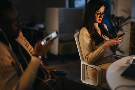 Group of business people collaborating and strategizing in an indoor evening meeting.の写真素材