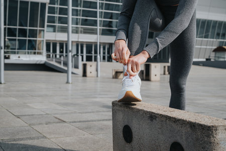 Athlete tying running shoes preparing for workout in urban settingの写真素材