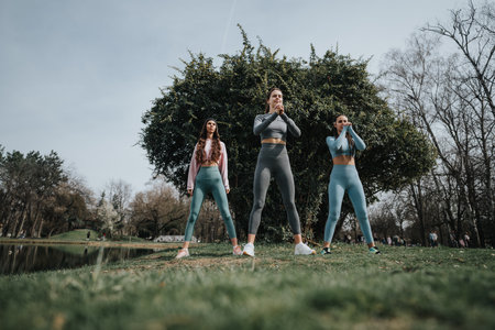 Female athletes enjoying outdoor workout in a park settingの写真素材