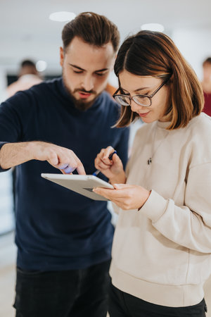 Caucasian colleagues collaborating on a late-night project, driven by determination for business success.の写真素材