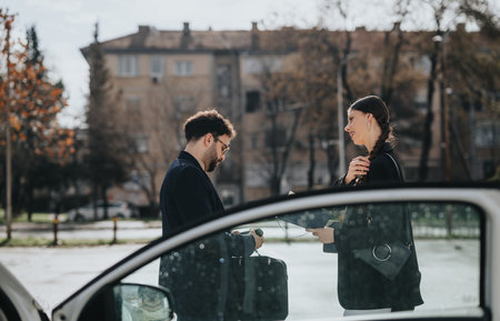 Man and woman chatting beside car on sunny day in the cityの写真素材