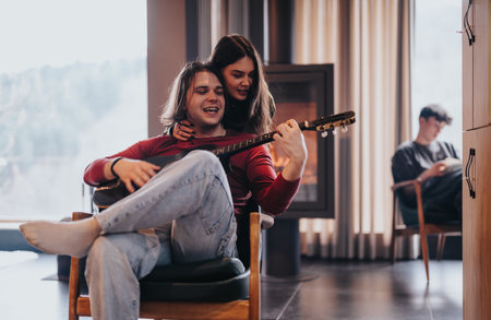 Relaxed couple enjoying a peaceful moment at home togetherの写真素材