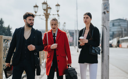 Three professionals waiting to cross the street on a sunny day in a city setting