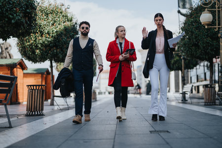 Young business associates in a strategic outdoor meeting in an urban settingの写真素材