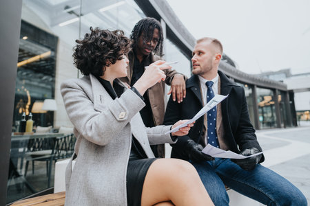 A multicultural group of people engage in a business discussion outside an office building, reviewing documents together.の写真素材