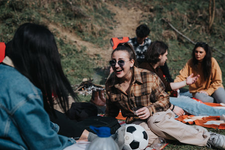 Friends enjoying a casual outdoor gathering in natureの写真素材