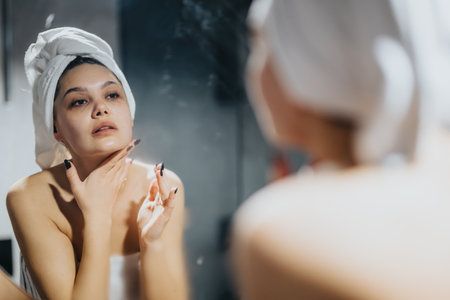 Young woman applying facial skincare treatment looking in mirrorの写真素材