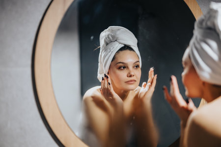 Woman with a towel on her head standing in front of a mirrorの写真素材