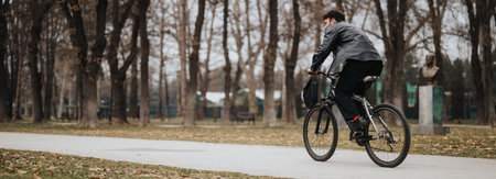 Handsome businessman with bicycle working remotely in a city parkの写真素材
