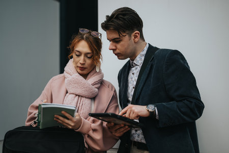 Young business partners strategizing for growth in an urban settingの写真素材