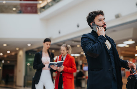 Busy professionals engaged in conversation at a bustling shopping center