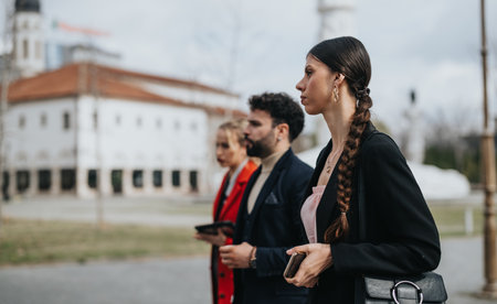 Young entrepreneurs discussing business trends at an outdoor meeting