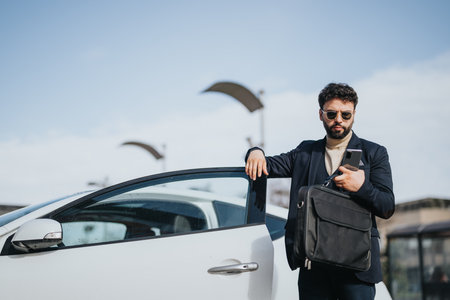 Professional businessman using smart phone next to car outdoors