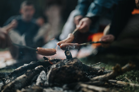 Friends roasting sausages over a campfire in nature, enjoying a camping tripの写真素材