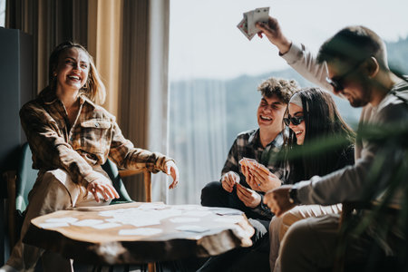 Happy friends having fun playing cards together indoors