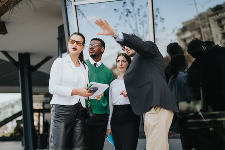 Start-up business team engaged in a strategic outdoor meeting in the cityの写真素材