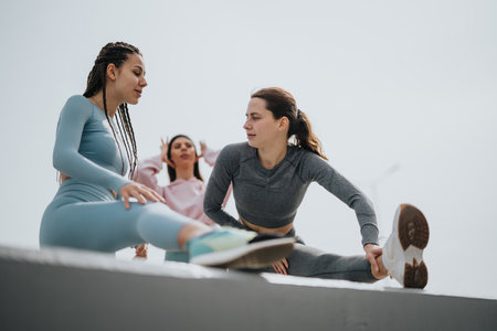 Fitness partners stretching together outdoors on a sunny dayの写真素材