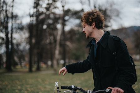 Young man enjoying a peaceful bike ride in a scenic parkの写真素材