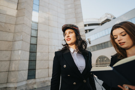 Young female business entrepreneurs collaborating on business outdoors.の写真素材