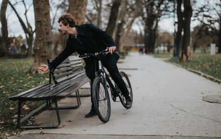 Casual man riding a bicycle in a park with autumn leavesの写真素材
