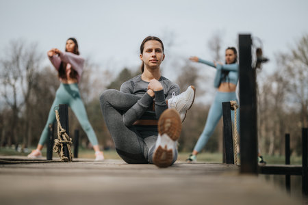 Female athletes stretching and staying fit in an outdoor settingの写真素材