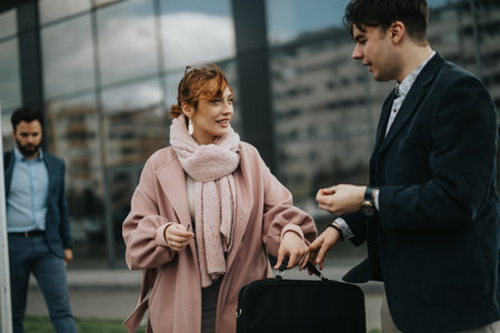 Professional business colleagues talking outside a modern office buildingの写真素材