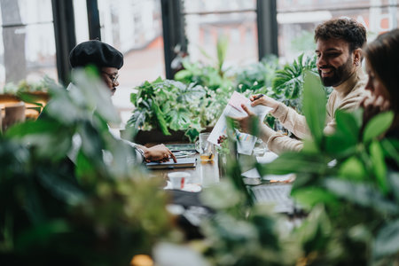 Multiracial team of business partners engaged in a lively discussion at a bright indoor workspace.の写真素材