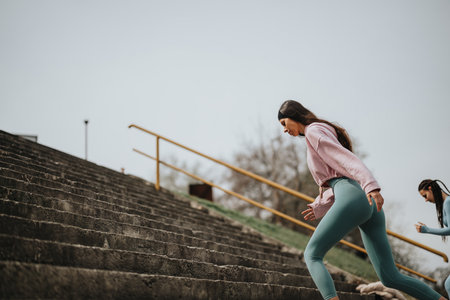 Active women running up the stairs for fitness and healthの写真素材