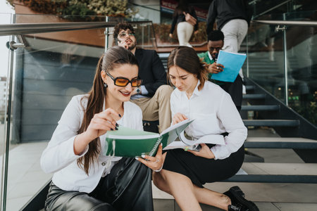 Start-up business team during an informal outdoor meeting on office stepsの写真素材