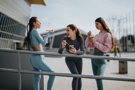 Three women in sportswear taking a break and enjoying snacks outdoorsの写真素材