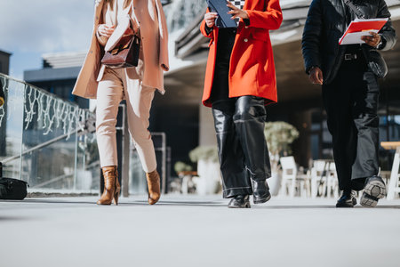 Low-angle view of three business people in stylish attire walking confidently in an urban environment, signifying teamwork and mobility.の写真素材