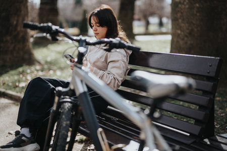 Young woman enjoying a peaceful moment in a park with her bike, using her smart phoneの写真素材