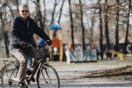 An elderly gentleman cycles through a park filled with trees, depicting activity, health, and enjoying life in older age.の写真素材