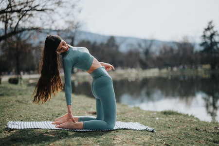 Young woman practicing yoga by the lake surrounded by natureの写真素材