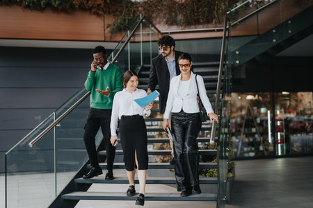 Multicultural business team discussing strategy on outdoor stairsの写真素材
