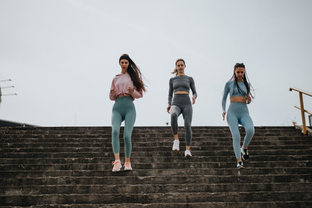 Three women exercising together outdoors running down stepsの写真素材